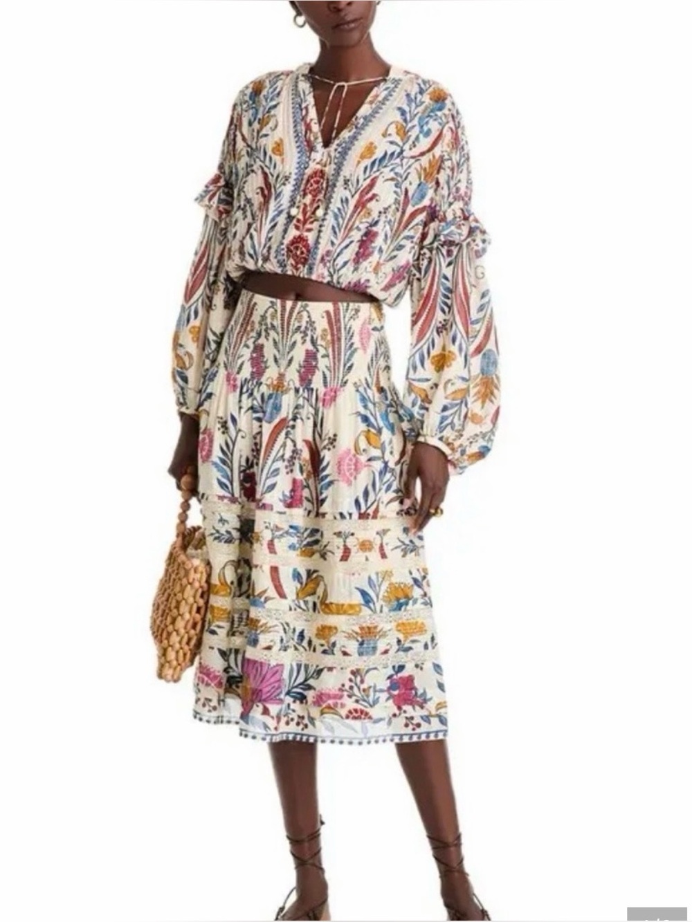 FARM Rio Cream Midi Skirt with Multicolor Floral Print (Blue, Pink, Yellow)